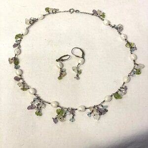 Elegant Multicolored Natural Gemstone Faux Pearl 16" Choker Matching Earring 925